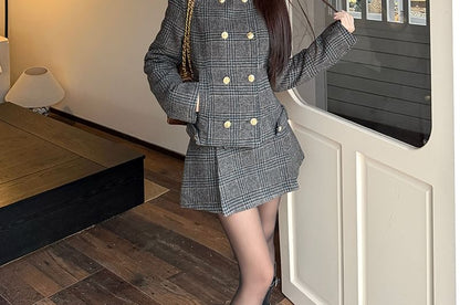 Stand Collar Plaid Double-Breasted Jacket & High Waist Mini A-Line Skirt