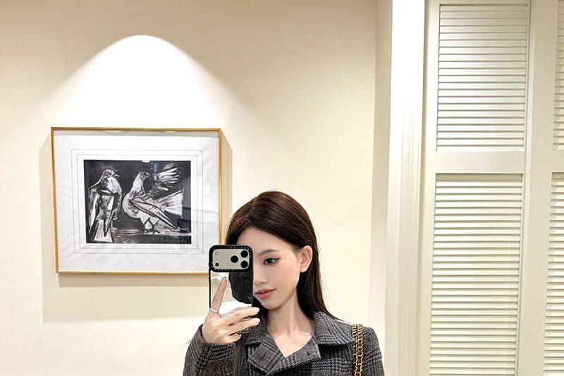 Stand Collar Plaid Double-Breasted Jacket & High Waist Mini A-Line Skirt