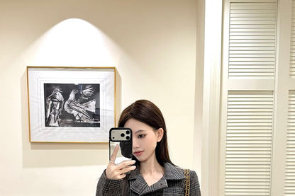 Stand Collar Plaid Double-Breasted Jacket & High Waist Mini A-Line Skirt