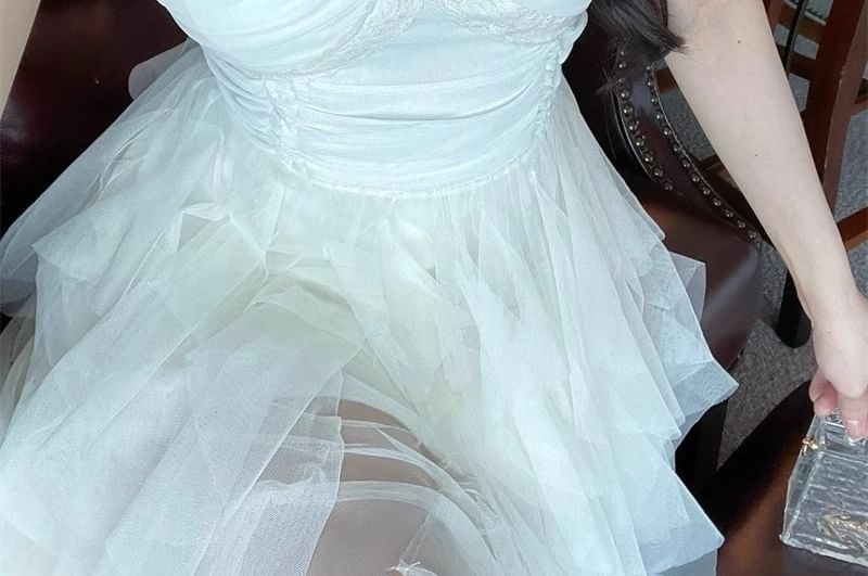 Spaghetti Strap V-Neck Plain Lace Sheer Panel Midi A-Line Dress