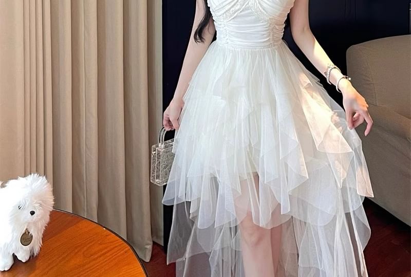 Spaghetti Strap V-Neck Plain Lace Sheer Panel Midi A-Line Dress
