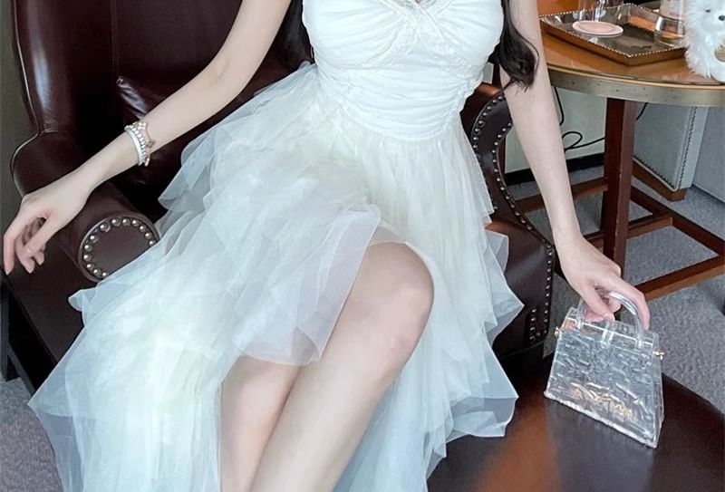Spaghetti Strap V-Neck Plain Lace Sheer Panel Midi A-Line Dress