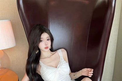 Spaghetti Strap V-Neck Plain Lace Sheer Panel Midi A-Line Dress