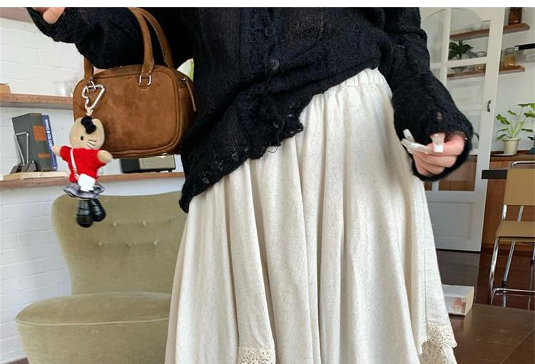 High Waist Lace Trim Midi A-Line Skirt