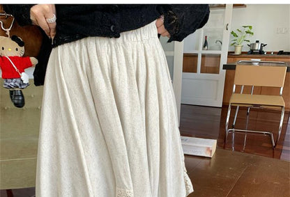 High Waist Lace Trim Midi A-Line Skirt