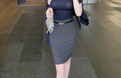 Sleeveless Mock Neck Solid Knit Top / Solid Cardigan / High Rise Mini Pencil Skirt Set