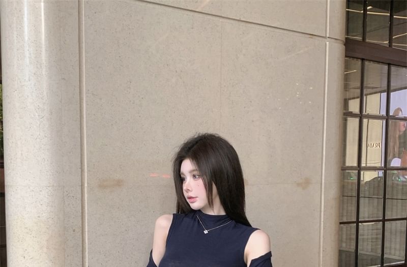 Sleeveless Mock Neck Solid Knit Top / Solid Cardigan / High Rise Mini Pencil Skirt Set