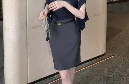 Sleeveless Mock Neck Solid Knit Top / Solid Cardigan / High Rise Mini Pencil Skirt Set