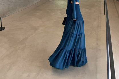 Extended Sleeve Off-Shoulder Solid Crop Tee / High Rise Solid Maxi A-Line Skirt