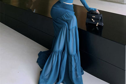 Extended Sleeve Off-Shoulder Solid Crop Tee / High Rise Solid Maxi A-Line Skirt