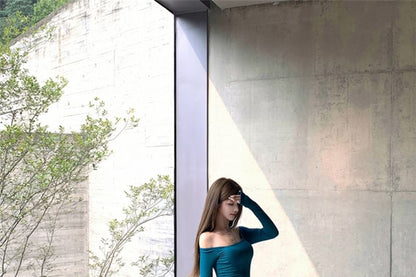 Extended Sleeve Off-Shoulder Solid Crop Tee / High Rise Solid Maxi A-Line Skirt