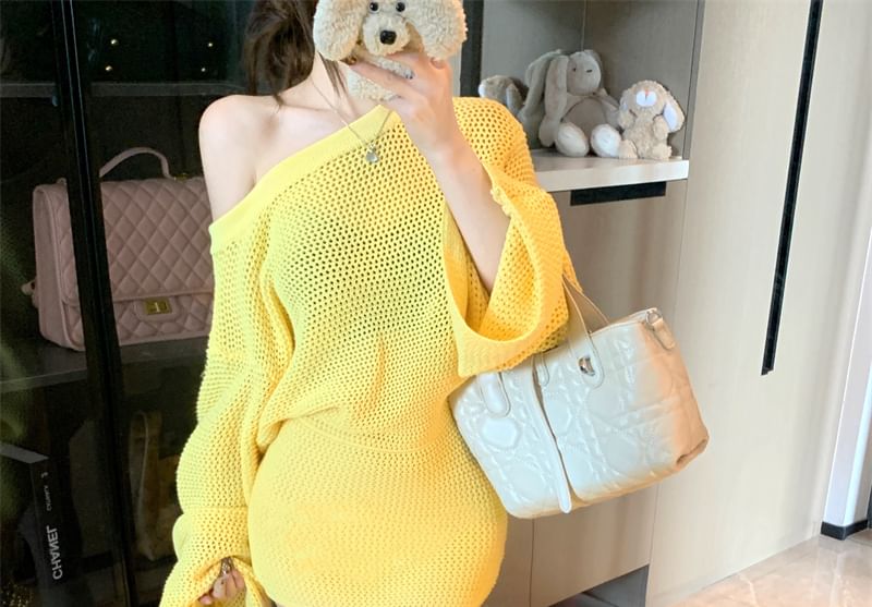 Off-Shoulder Solid Pointelle Knit Top / High Rise Mini Pencil Skirt Set