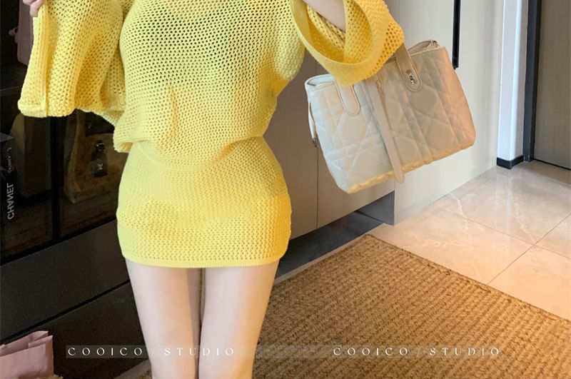 Off-Shoulder Solid Pointelle Knit Top / High Rise Mini Pencil Skirt Set
