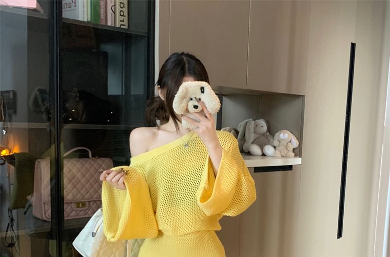Off-Shoulder Solid Pointelle Knit Top / High Rise Mini Pencil Skirt Set