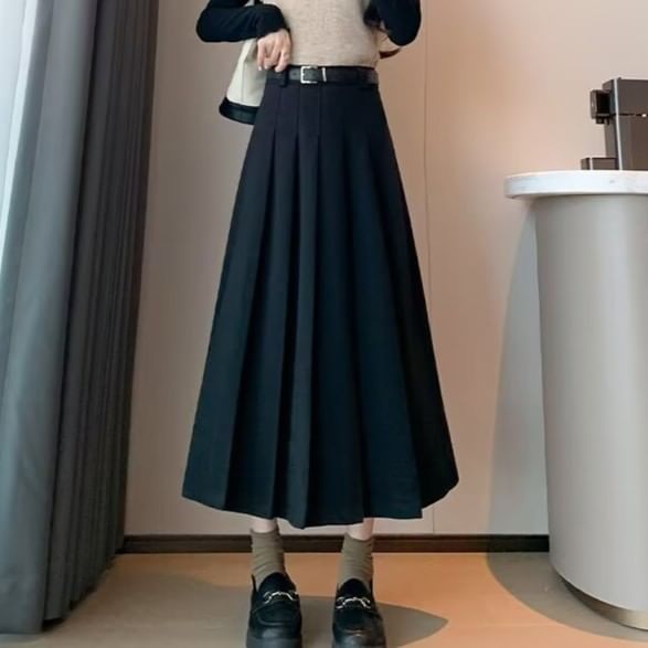 High Rise Solid Pleated Midi A-Line Skirt + Belt Set