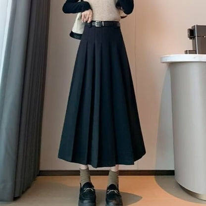 High Rise Solid Pleated Midi A-Line Skirt + Belt Set