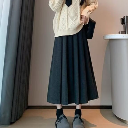 High Rise Solid Pleated Midi A-Line Skirt + Belt Set