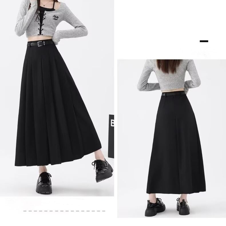 High Rise Solid Pleated Midi A-Line Skirt + Belt Set