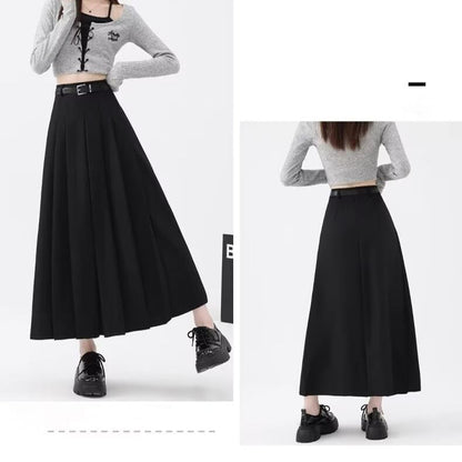 High Rise Solid Pleated Midi A-Line Skirt + Belt Set