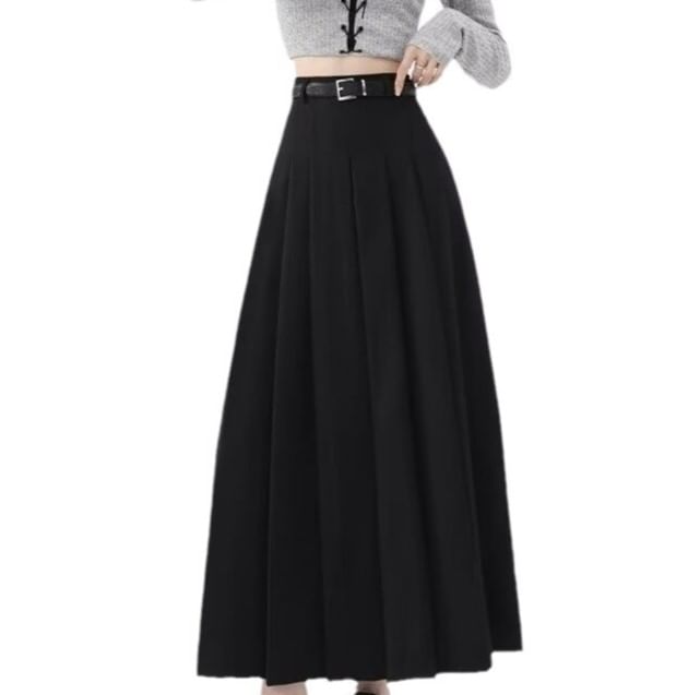 High Rise Solid Pleated Midi A-Line Skirt + Belt Set