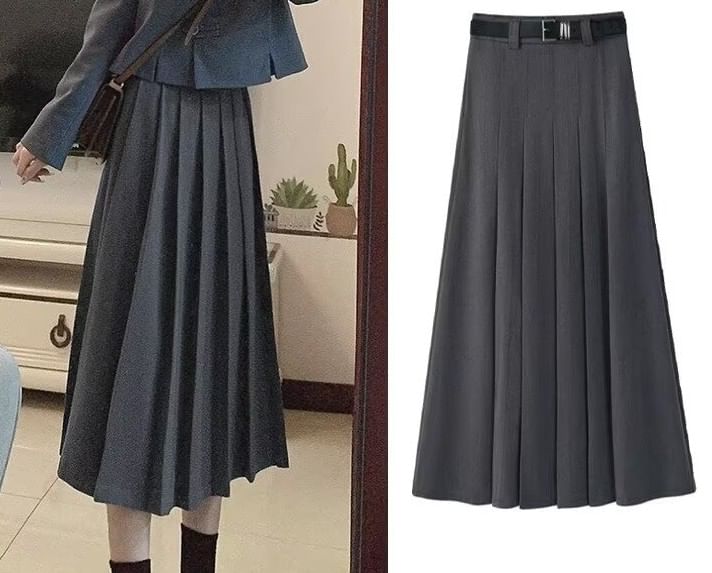 High Rise Solid Pleated Midi A-Line Skirt + Belt Set