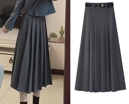 High Rise Solid Pleated Midi A-Line Skirt + Belt Set