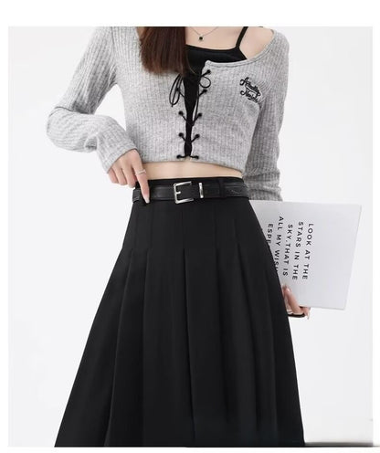 High Rise Solid Pleated Midi A-Line Skirt + Belt Set