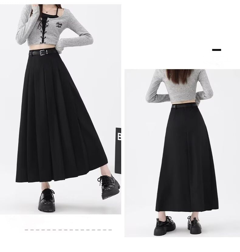 High Rise Solid Pleated Midi A-Line Skirt + Belt Set