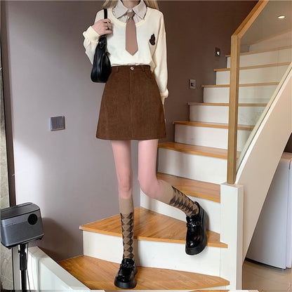 High Rise Solid Corduroy Mini A-Line Skirt