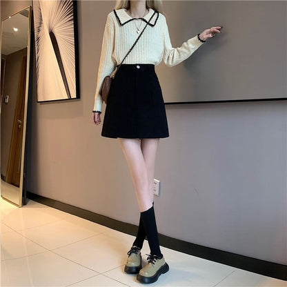 High Rise Solid Corduroy Mini A-Line Skirt