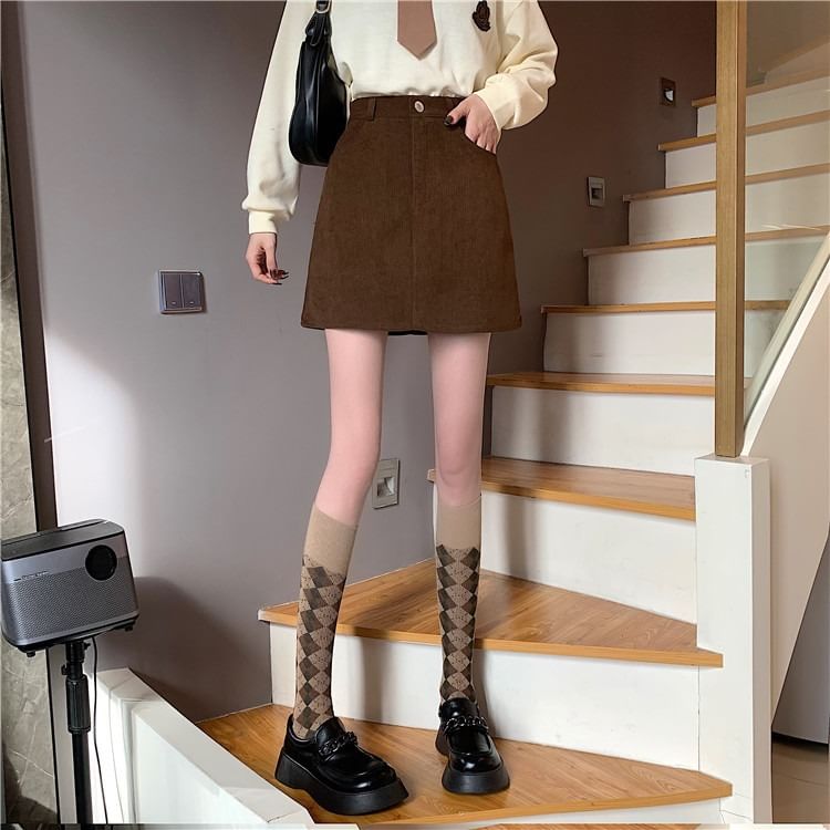 High Rise Solid Corduroy Mini A-Line Skirt