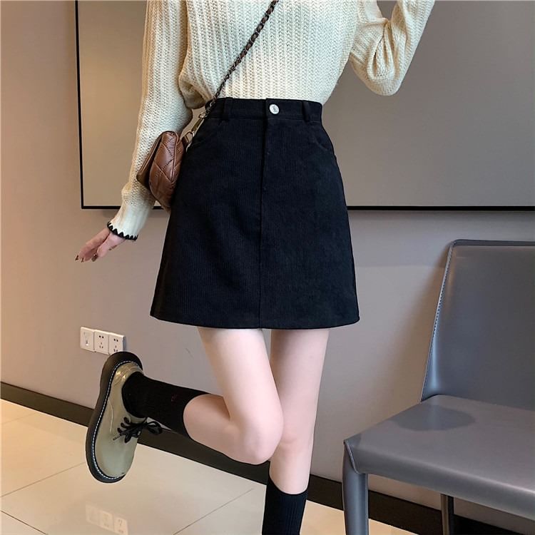 High Rise Solid Corduroy Mini A-Line Skirt