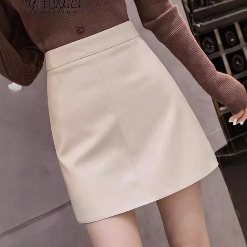 High Rise Solid Faux Leather Mini Pencil Skirt