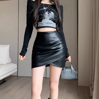 High Rise Solid Ruched Faux Leather Mini Pencil Skirt