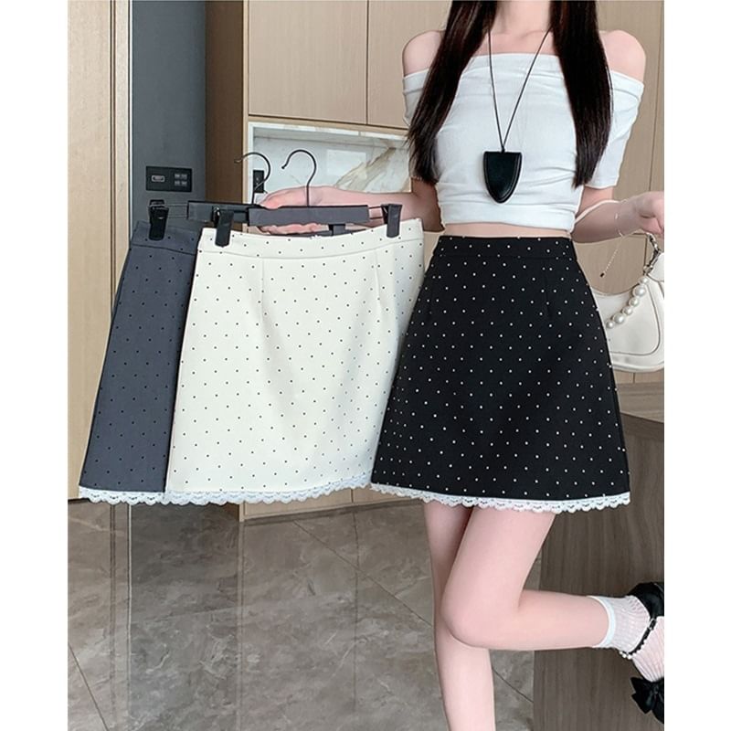 High Rise Dotted Lace Trim Mini A-Line Skirt
