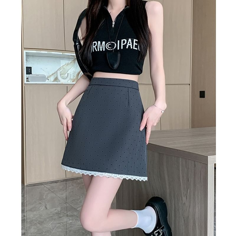 High Rise Dotted Lace Trim Mini A-Line Skirt