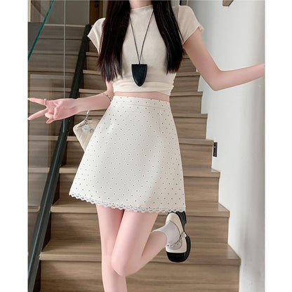 High Rise Dotted Lace Trim Mini A-Line Skirt