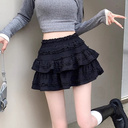 High Rise Solid Ruffle Frill Mini A-Line Skirt
