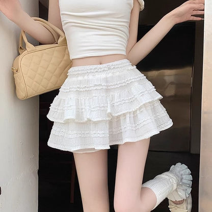 High Rise Solid Ruffle Frill Mini A-Line Skirt