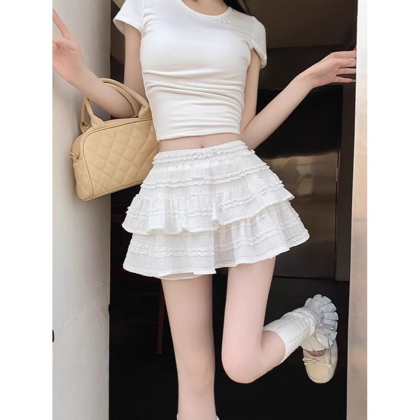 High Rise Solid Ruffle Frill Mini A-Line Skirt