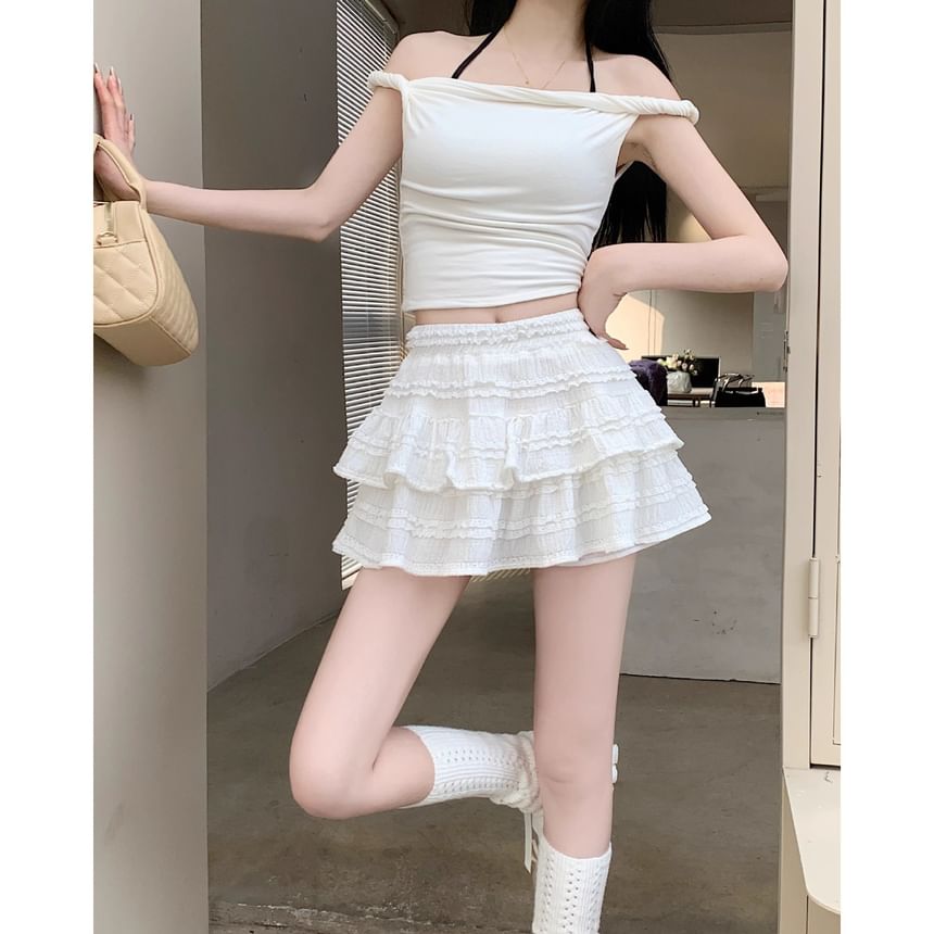 High Rise Solid Ruffle Frill Mini A-Line Skirt