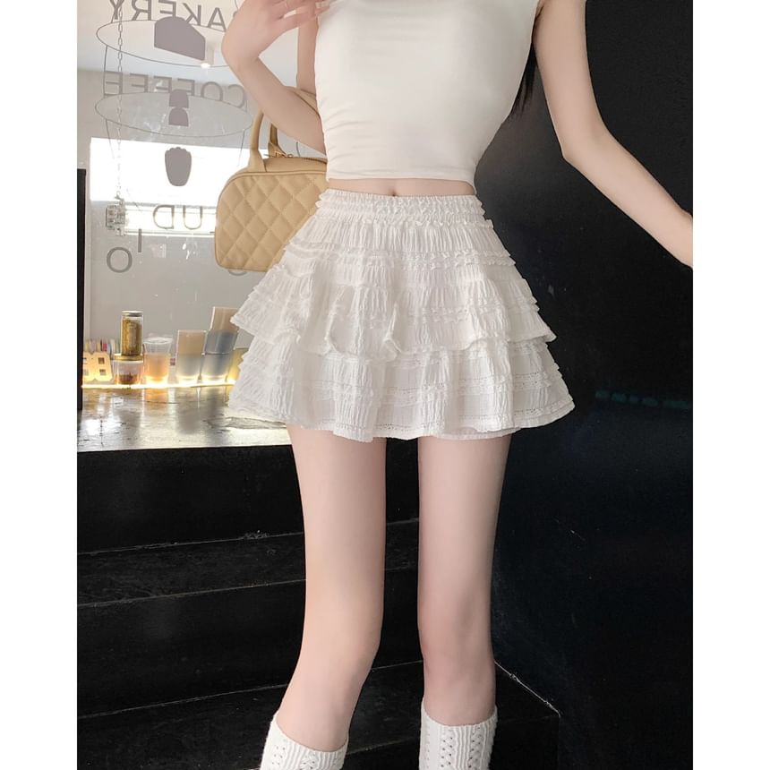 High Rise Solid Ruffle Frill Mini A-Line Skirt