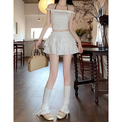 High Rise Solid Ruffle Frill Mini A-Line Skirt