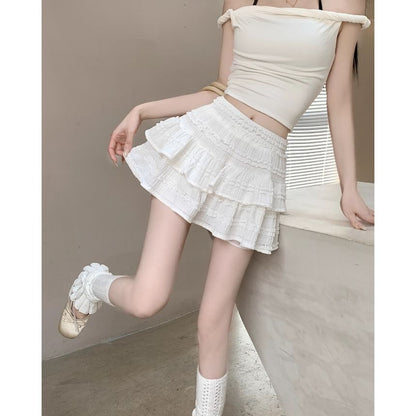 High Rise Solid Ruffle Frill Mini A-Line Skirt