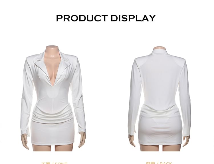 Extended Sleeve Lapel Collar V-Neck Solid Bodysuit + Mid Rise Mini Pencil Skirt Set