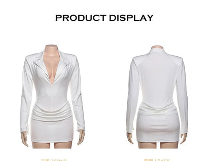 Extended Sleeve Lapel Collar V-Neck Solid Bodysuit + Mid Rise Mini Pencil Skirt Set