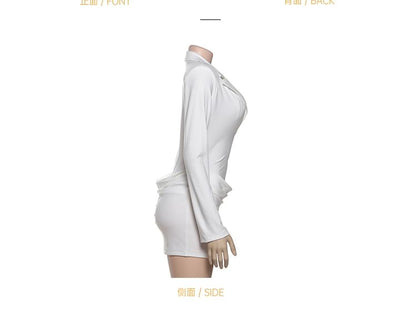 Extended Sleeve Lapel Collar V-Neck Solid Bodysuit + Mid Rise Mini Pencil Skirt Set