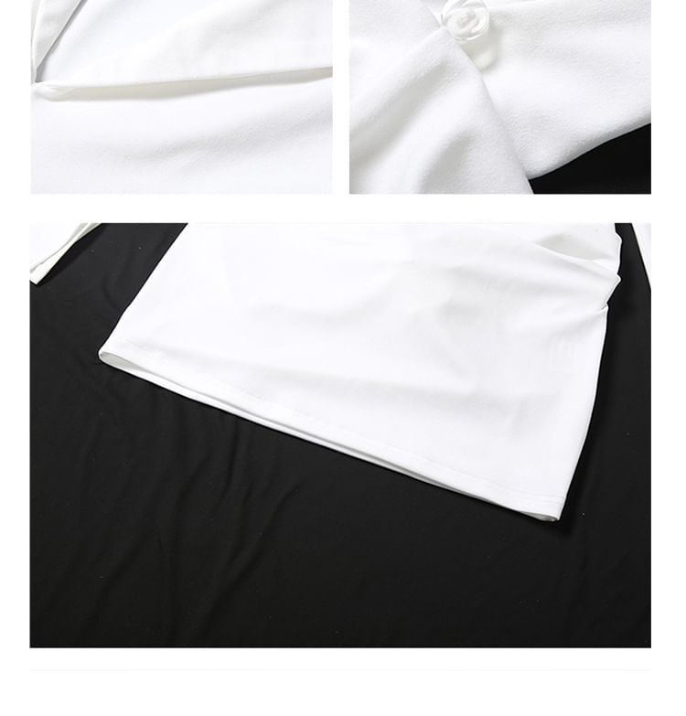Extended Sleeve Lapel Collar V-Neck Solid Bodysuit + Mid Rise Mini Pencil Skirt Set
