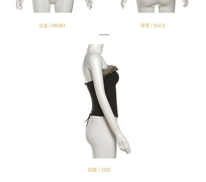 Fluffy Trim Tube Top & Low Waist Slit Pencil Skirt