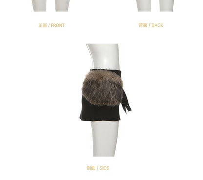 Fluffy Trim Tube Top & Low Waist Slit Pencil Skirt